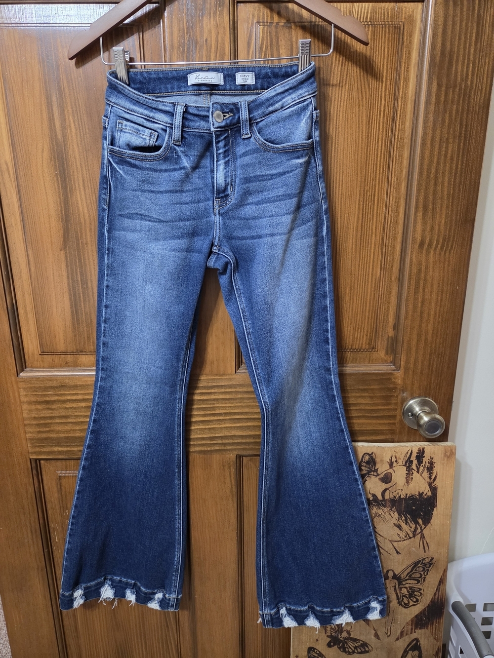 KanCan Dark Blue High-Rise Flare Jeans with Frayed Hem 24x30